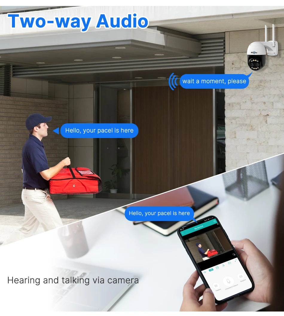 Hiseeu 4K 8MP dual-lens PTZ WiFi IP outdoor camera with 8x zoom, full-color night vision and two-way audio