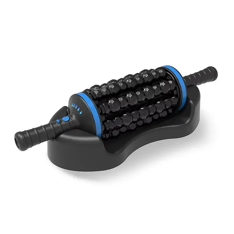 Cordless roller massager with textured black beads and blue accents.