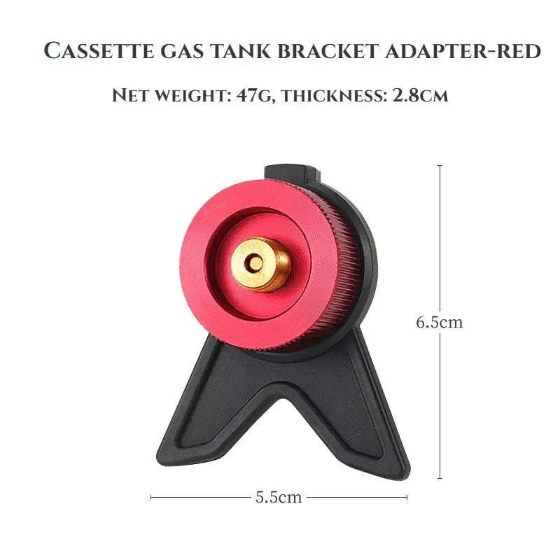 Red butane gas adapter with bracket for camping stoves, brass center, screw valve output nozzle