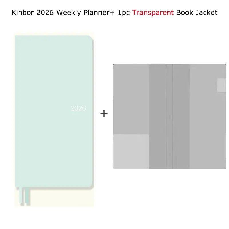 Kinbor 2026 weekly planner pocket notebook with mint green cover and a transparent book jacket (2 items)