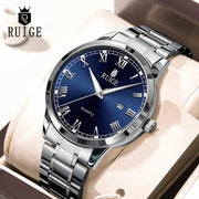 Ruige Mens Watch Minimalist Roman Dial Night Glow Water Resistant Stainless Steel Band