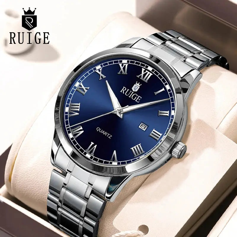 Ruige Mens Watch Minimalist Roman Dial Night Glow Water Resistant Stainless Steel Band