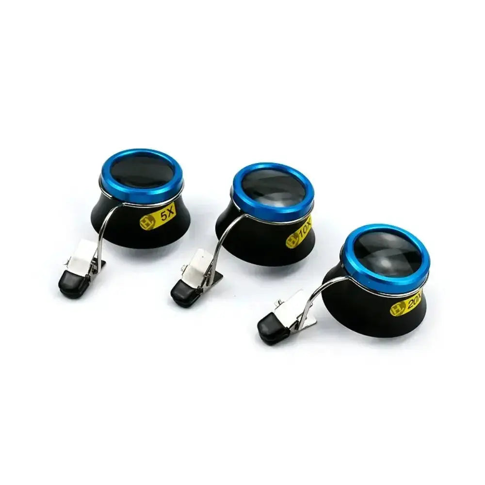 Three clip-on magnifier tools for watch repair with blue rims, labeled 5X, 10X, 20X