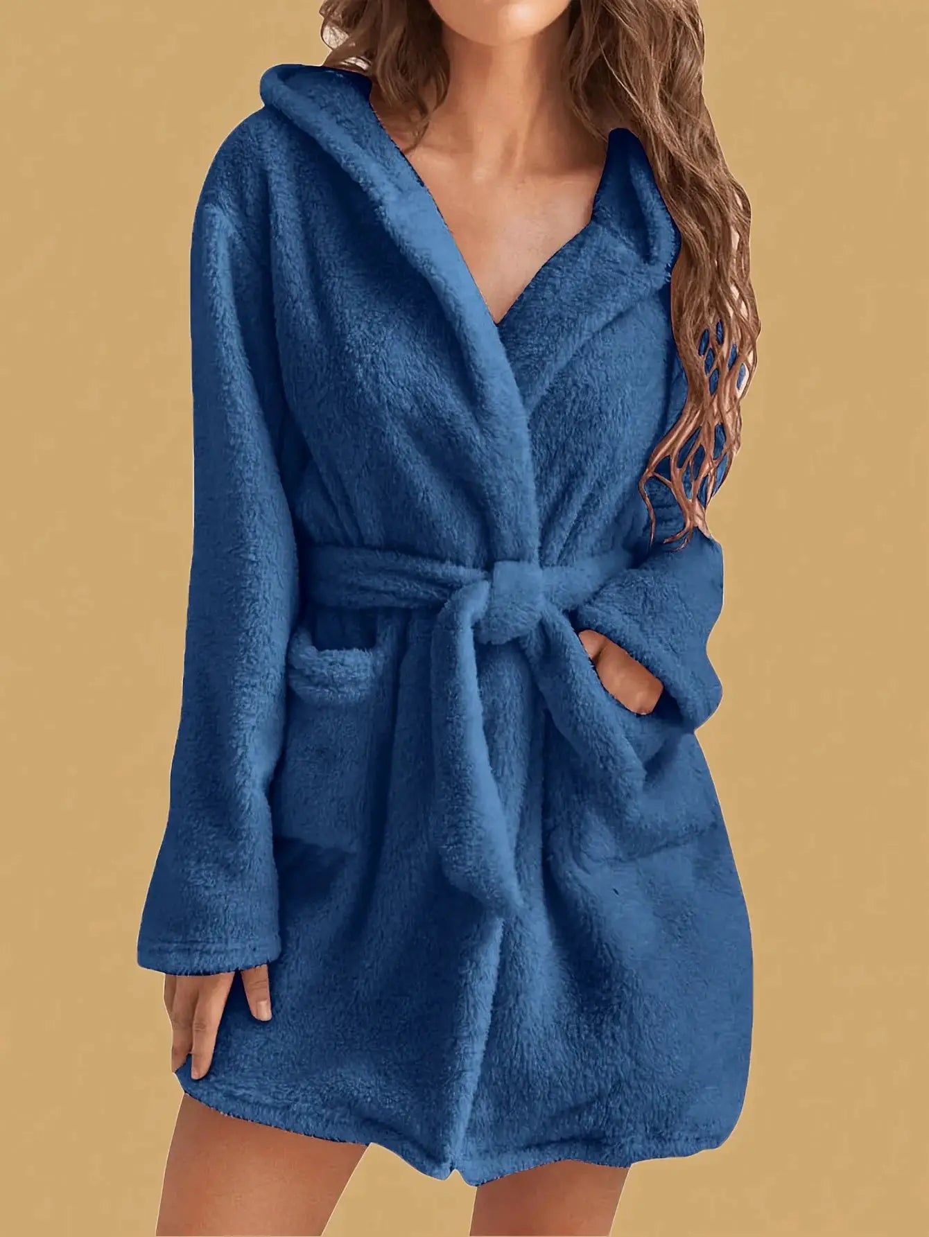 CozyNest Womens Hooded Fleece Robe Belted Knee Length For Autumn And Winter Warmth And Comfort