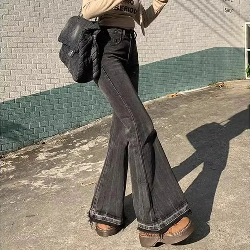 Women High Waist Vintage Flare Jeans Bell Bottom Denim Trousers