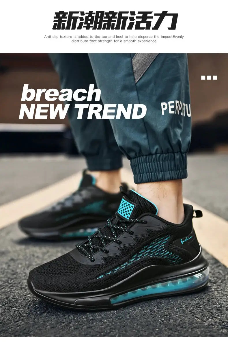 Men's running sneakers with black mesh upper and teal accents, breathable air-cushioned sole