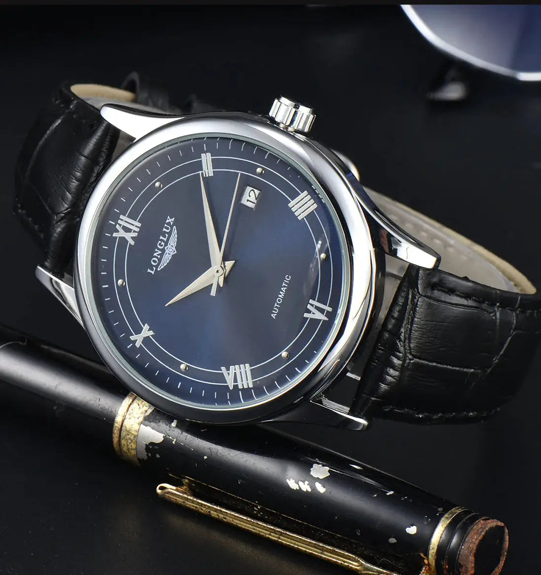 LONGLUX automatic men's wristwatch with blue dial, Roman numerals, date window, black leather strap