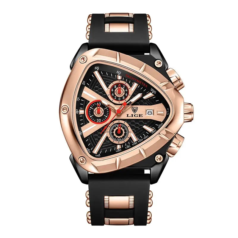 LIGE men's luxury chronograph watch with rose-gold case, black dial, red-accent subdials, and black strap.