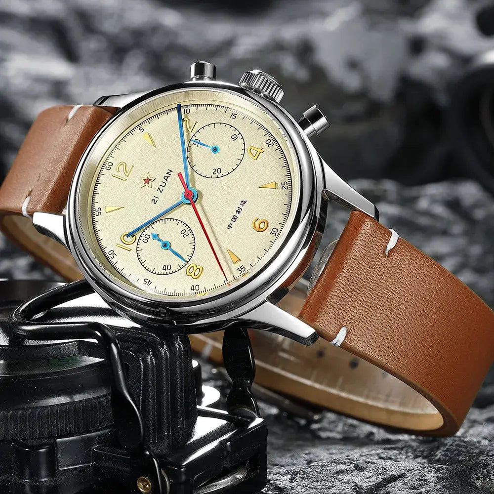 Red Star 38mm men's chronograph watch with beige dial, gold numerals, blue hands, brown leather strap