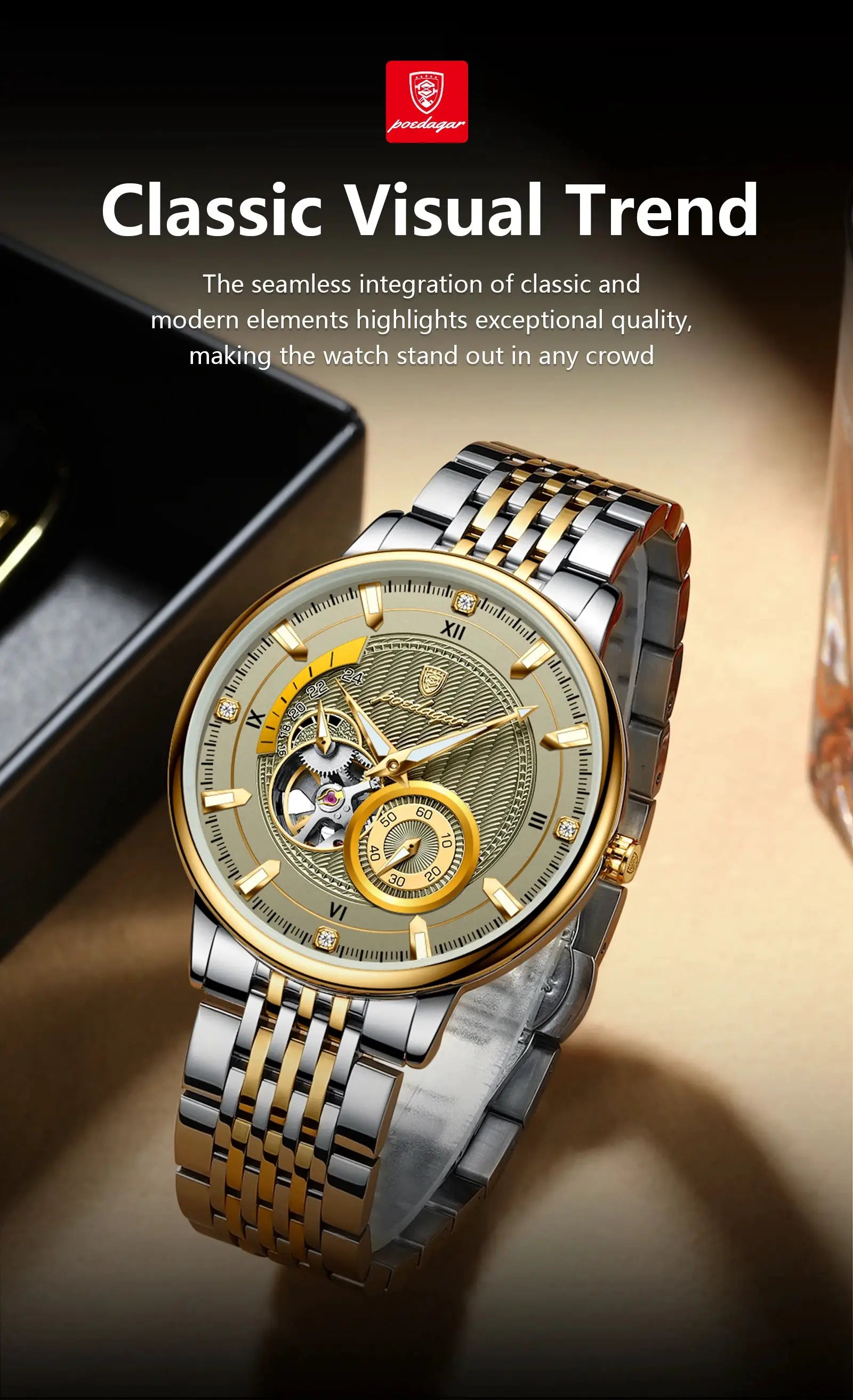 POEDAGAR luxury men's wristwatch with two-tone stainless steel bracelet, luminous skeleton dial with gold-tone bezel.