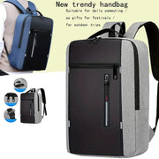 Two Simples Market neutral style backpacks for men and women, gray/black and blue, with front zipper pockets.