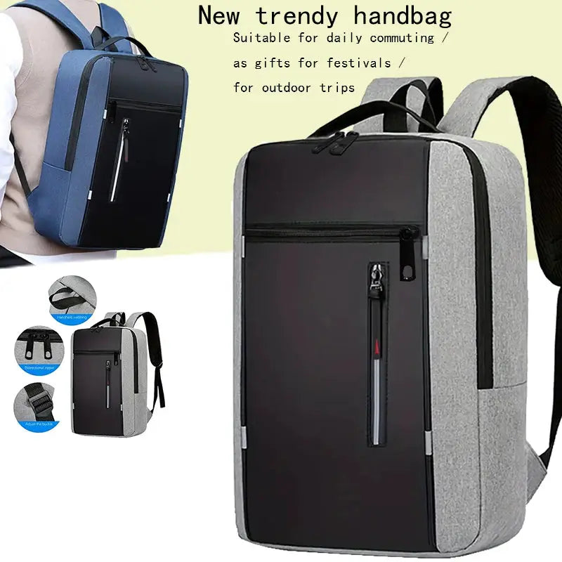 Two Simples Market neutral style backpacks for men and women, gray/black and blue, with front zipper pockets.