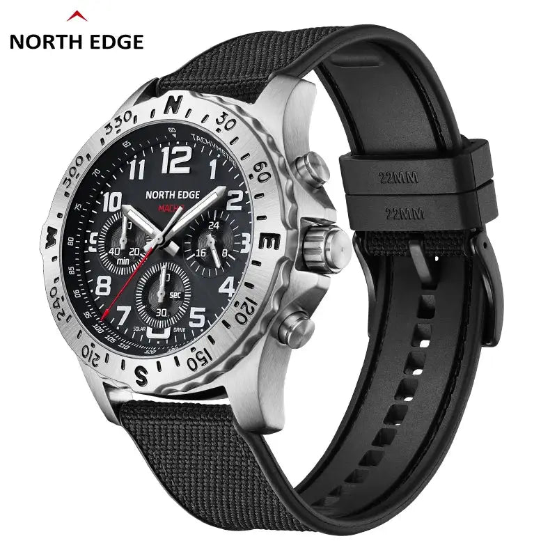 North Edge MACH 2 men's solar-powered watch with stainless steel case, black dial, and black strap.