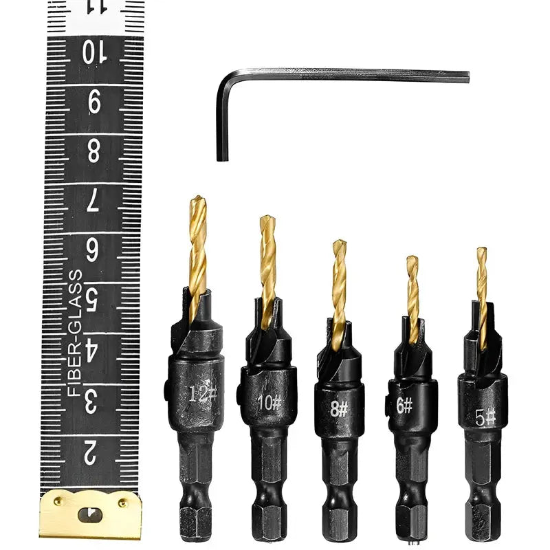 5 Piece Countersink Drill Bit Set For Woodworking With Pilot Holes For Screw Sizes 5 6 8 10 12