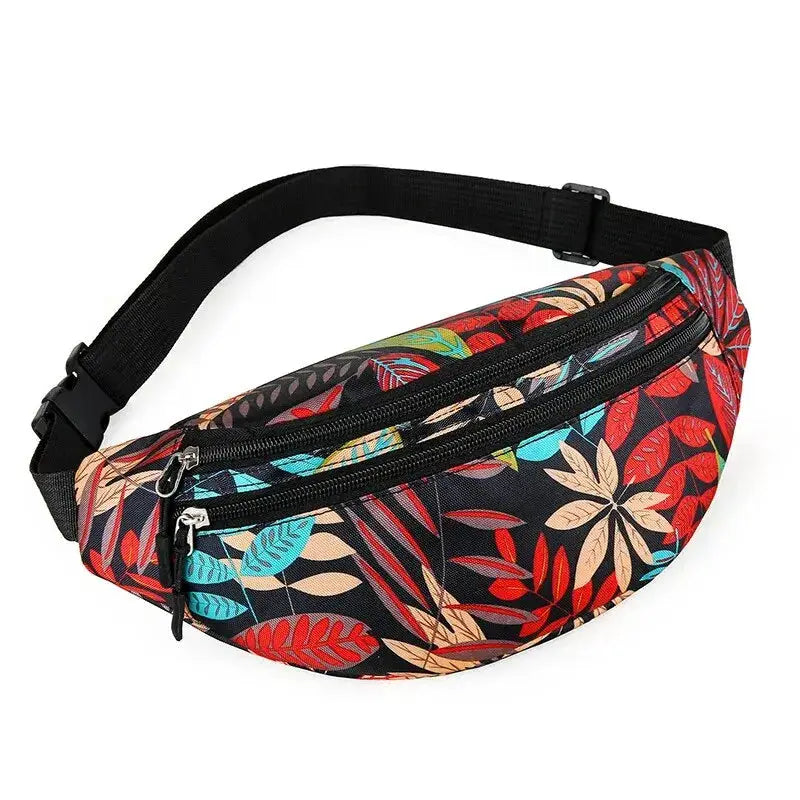 Waist bag fanny pack with colorful tropical leaf pattern on black, waterproof running belt, adjustable strap