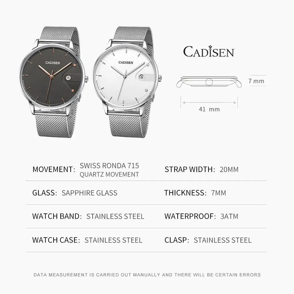 CADISEN Swiss Ronda 715 quartz watches with stainless steel Milano mesh straps, black and white dials.