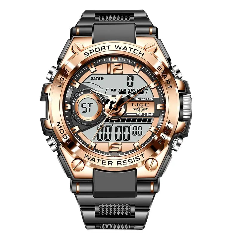 LIGE men's digital sport watch, gold and steel-tone, 50m water resistant