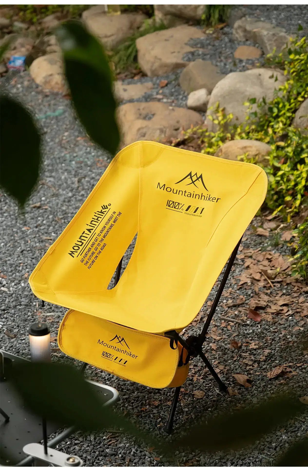 Mountainhiker yellow foldable camping chair with carry bag; ultralight moon chair for garden, beach, and outdoor use