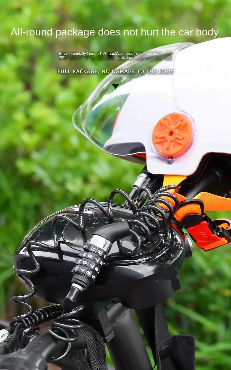 Bicycle lock with black coiled steel cable and numbered combination lock on handlebar