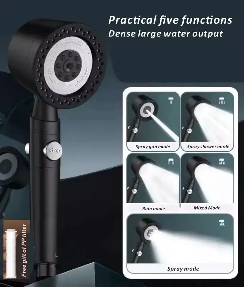 Shower head by Simples Market, black, 5-mode pressurized with filter and stop button
