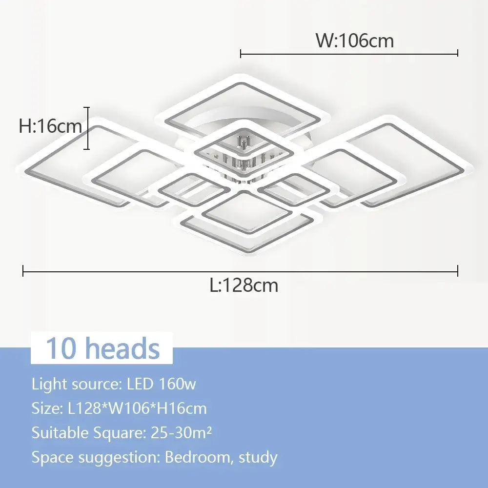 Nordic Pendant Light by Simples Market, modern white square LED chandelier with 10 heads, 128x106x16 cm