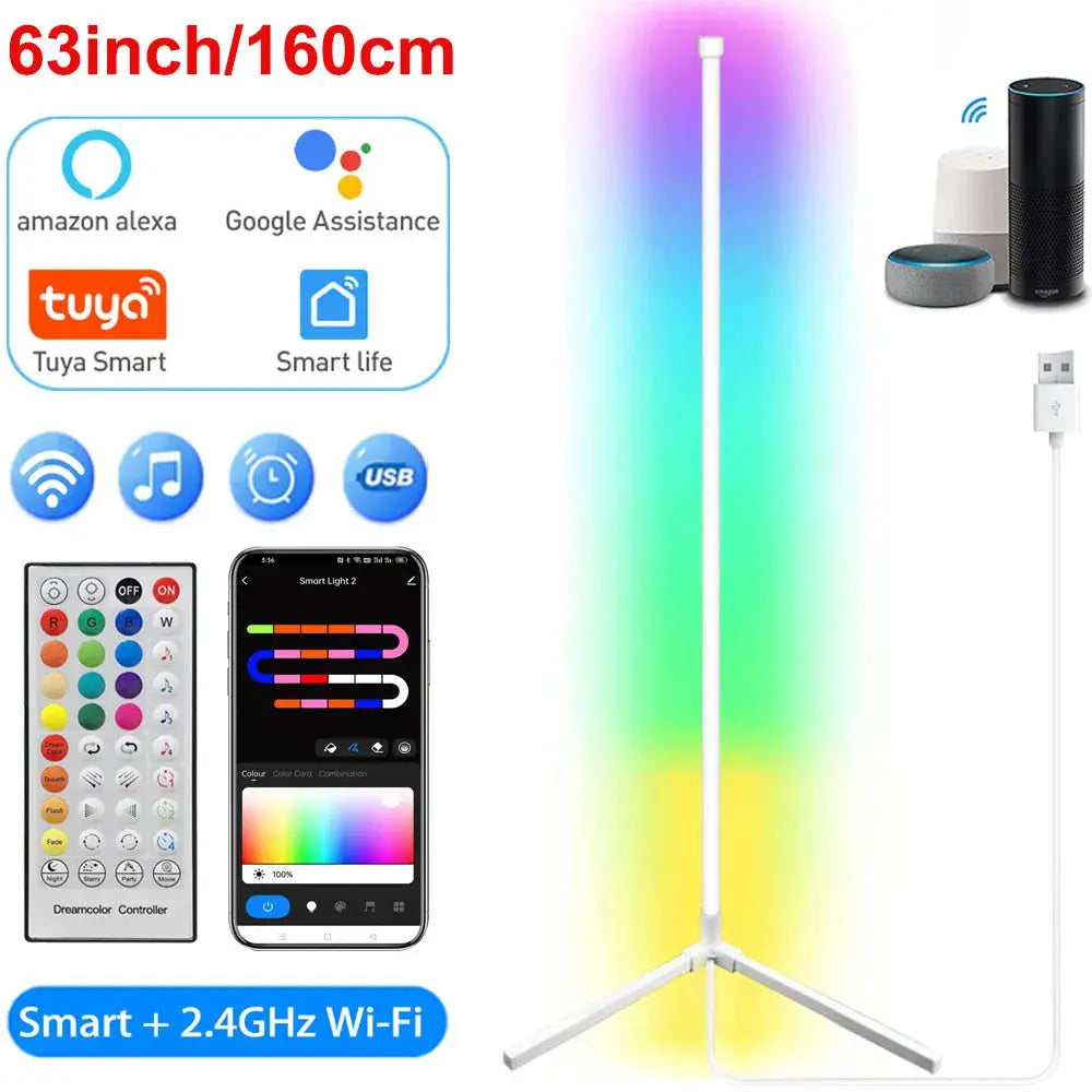160cm Tuya smart corner floor lamp by Simples Market with RGB LED, white finish, remote/app control