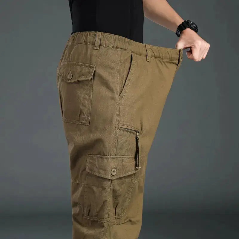 Simples Market men's tactical cargo pants, khaki cotton with elastic waist and multiple pockets