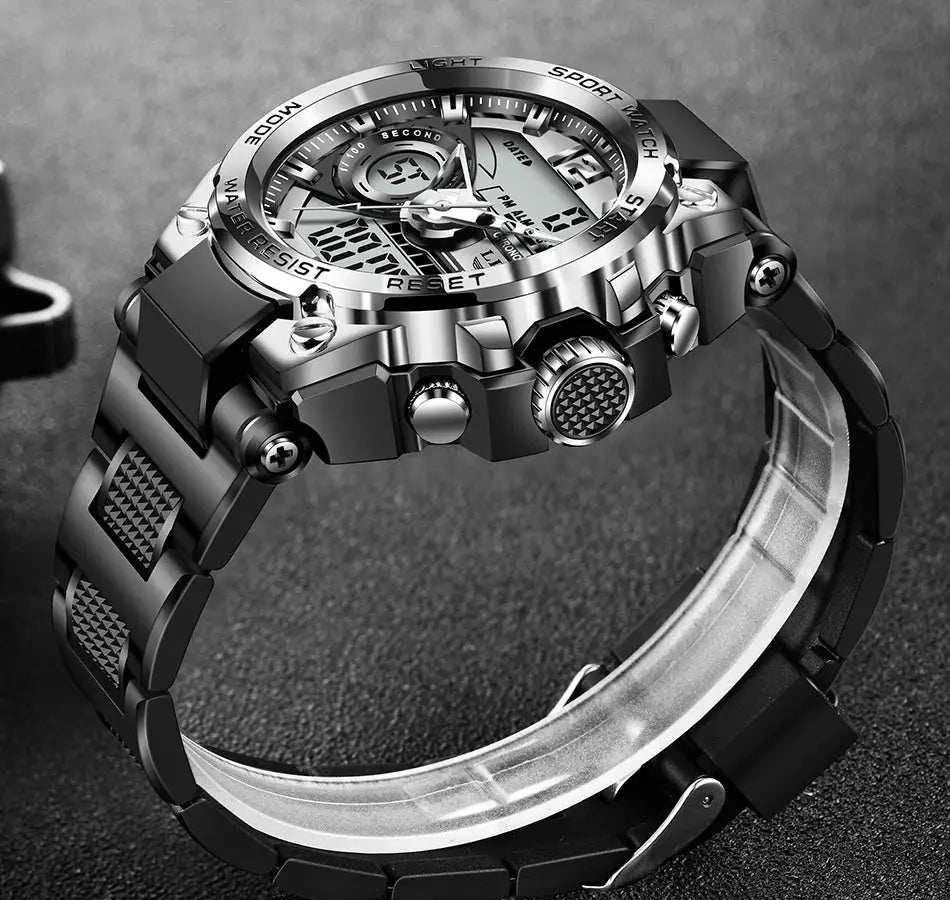LIGE men's military sport watch with digital-analog display, black stainless steel band, 50m water resistant