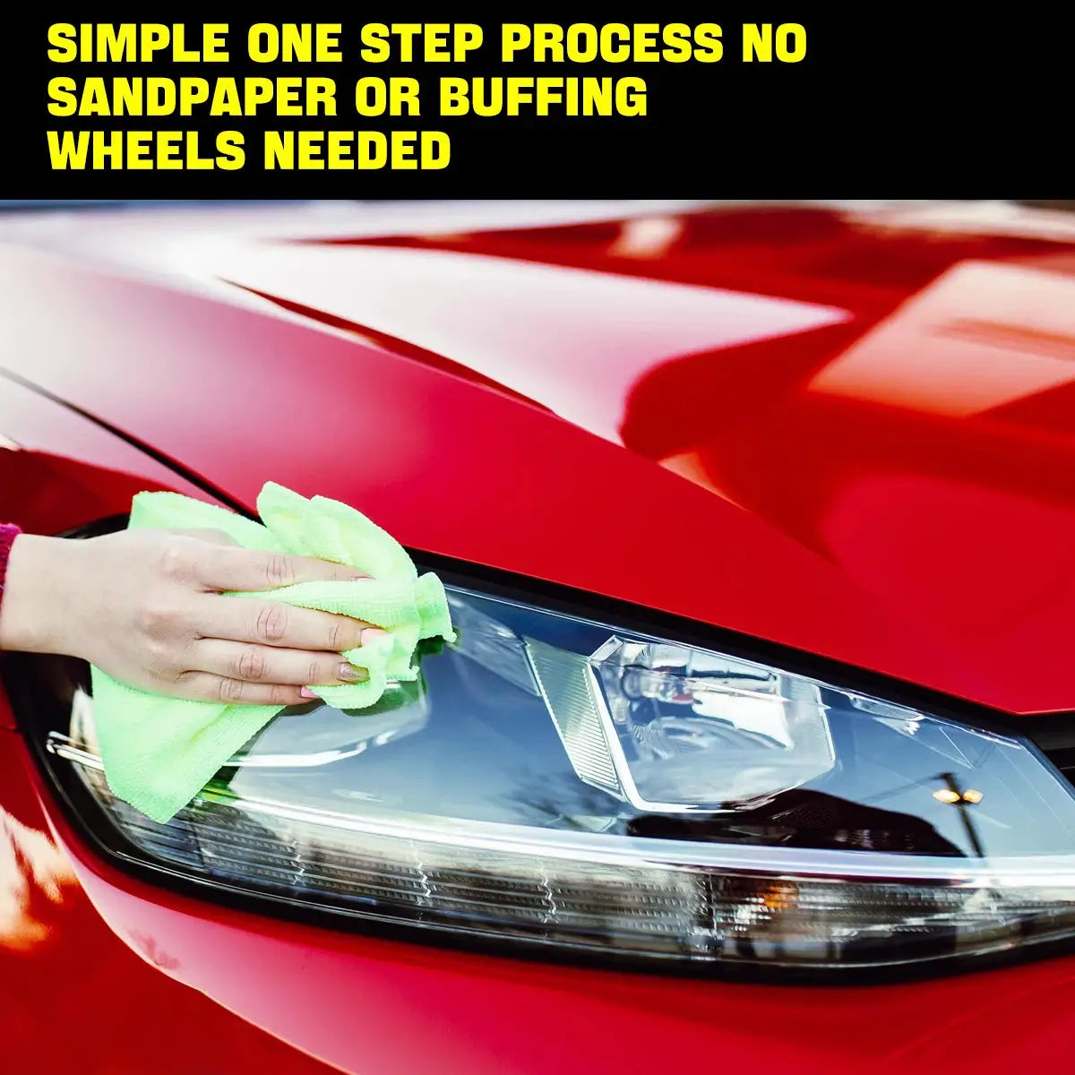 Simples Market headlight restoration polish applied to a red car headlight with a green microfiber cloth