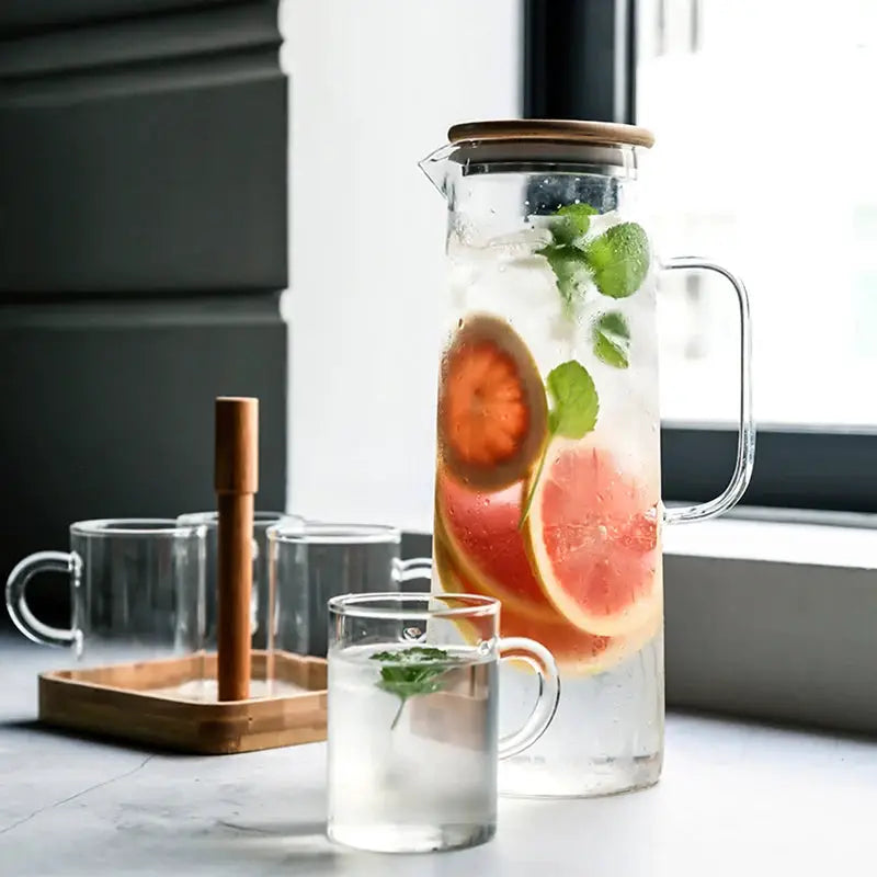 Thickened Borosilicate Glass Kettle With Bamboo Lid And Filter Cover 1000ML And 1500ML Capacity For Juice And Coffee