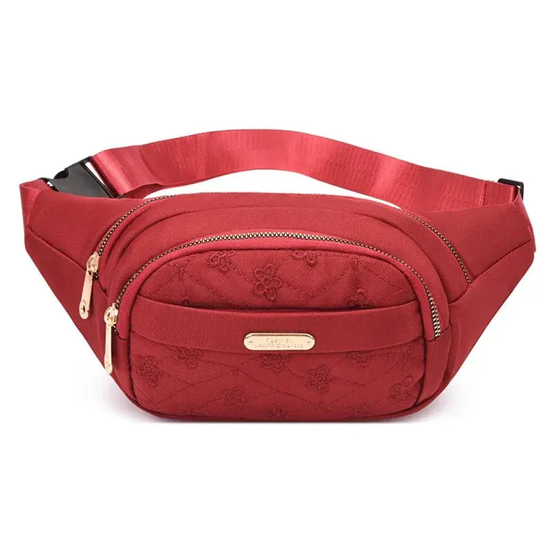 Women's waist bag Simples Market red Oxford cloth waterproof belt bag with gold zippers