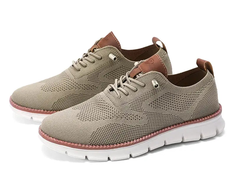 Plus-size men's mesh casual shoes in beige, breathable non-leather sneakers with a white sole.