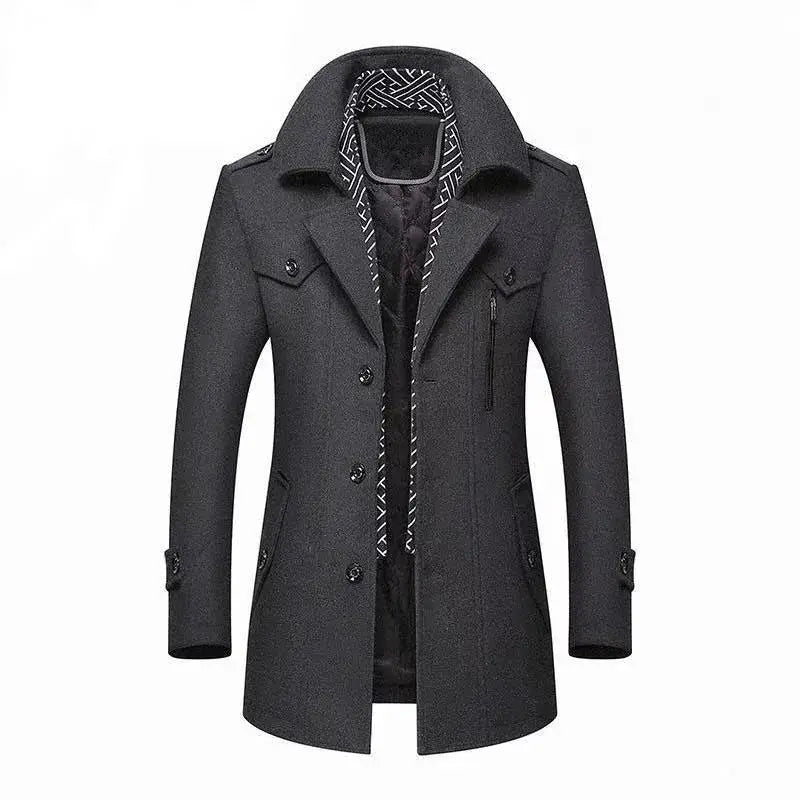 Simples Market men's charcoal wool coat with scarf collar, double‑breasted trench overcoat