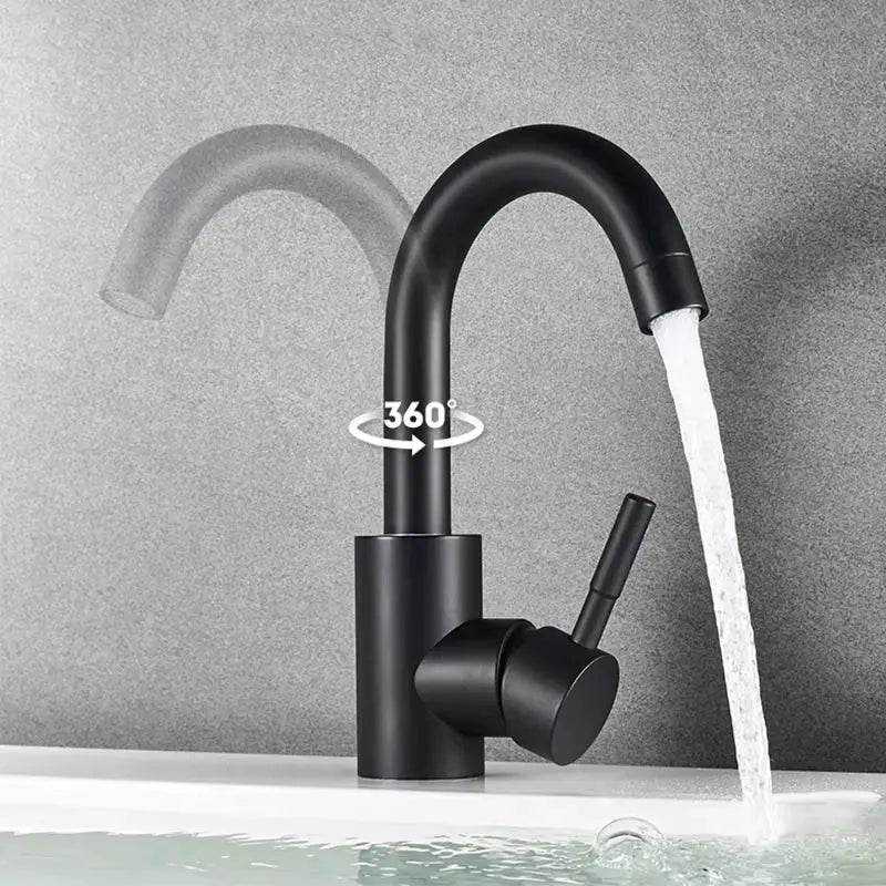 Bathroom basin faucet by Simples Market, 304 stainless steel, black matte, 360° rotating, single-handle.
