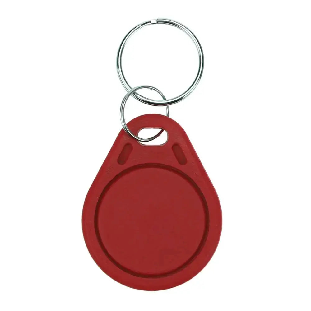 RFID key fob, red with round chip area and metal split ring for access control