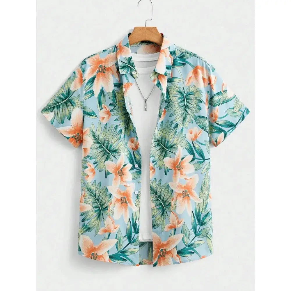 Hawaiian shirt by Simples Market; light blue with orange florals and green palm leaves, short sleeves.