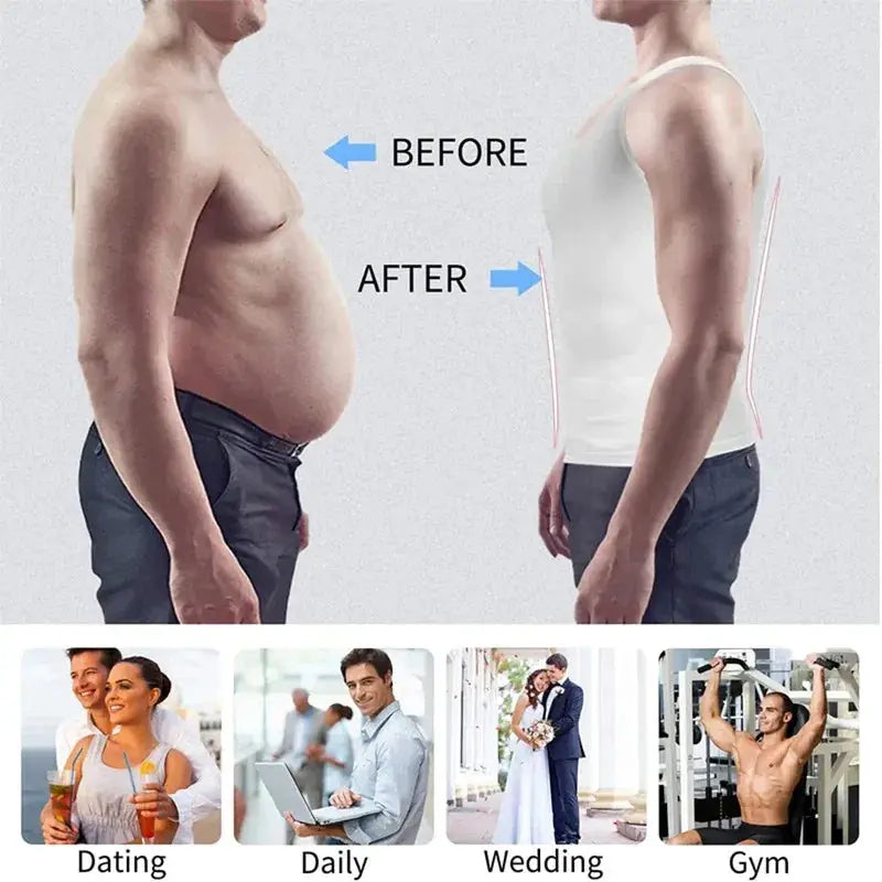 Men's compression shirt body shaper white slimming vest tank top, before/after comparison.