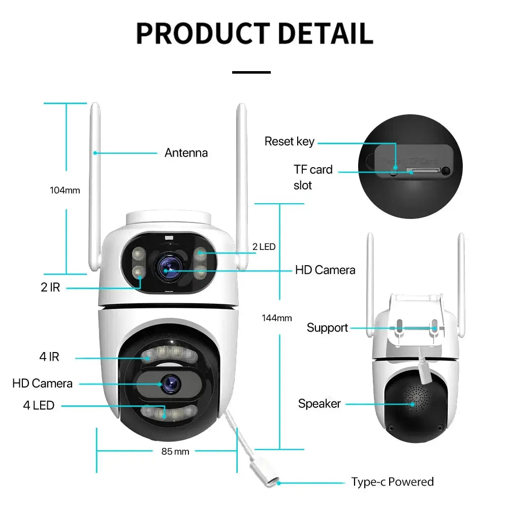 Dual-lens security camera system with two outdoor CCTV cameras, 8MP 4K WiFi PTZ.