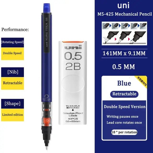 UNI Kurutoga M5-452 blue mechanical pencil with 0.5mm lead, retractable, shown with its packaging