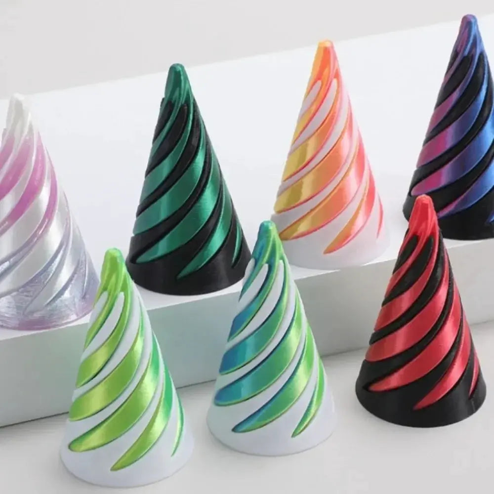 Seven colorful 3D-printed helix screw cone ornaments for stress relief and home decor