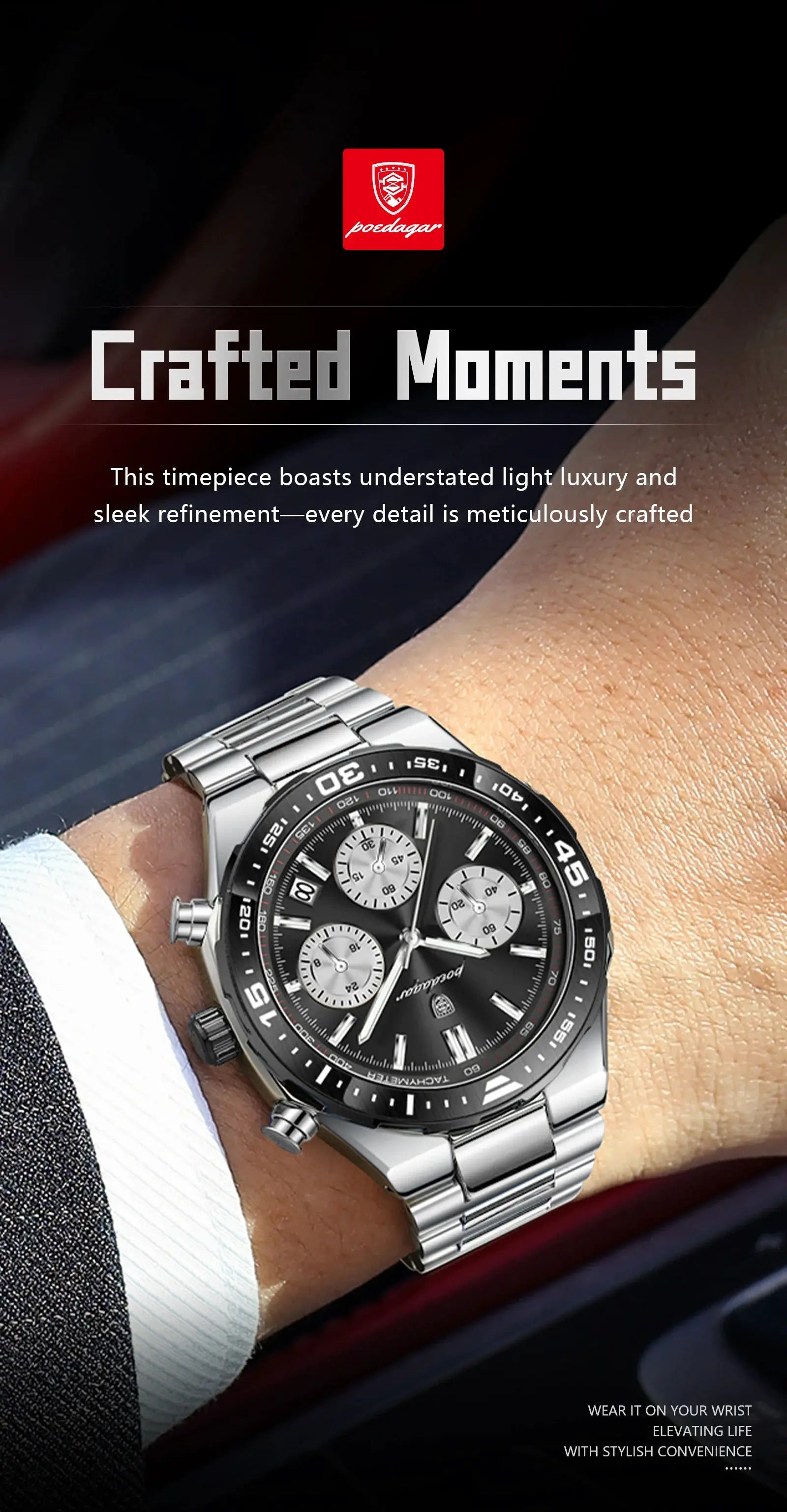 POEDAGAR men's stainless steel bracelet quartz chronograph watch with black dial and silver subdials