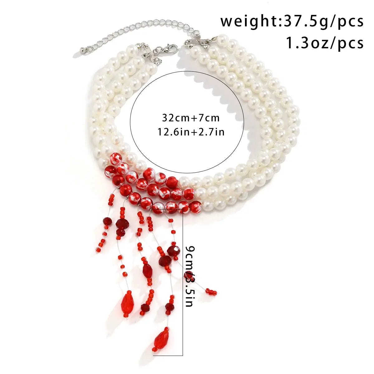Multilayer pearl tassel necklace with red bead fringe; white imitation pearls, Gothic Halloween style, adjustable 32+7 cm