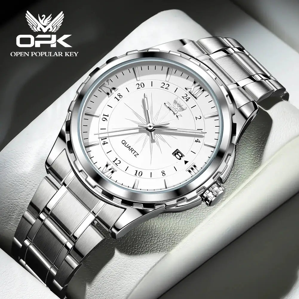 OPK Brand Steel Belt Dual Calendar Mens Quartz Watch 6003 Dual Calendar Display Stainless Steel Case