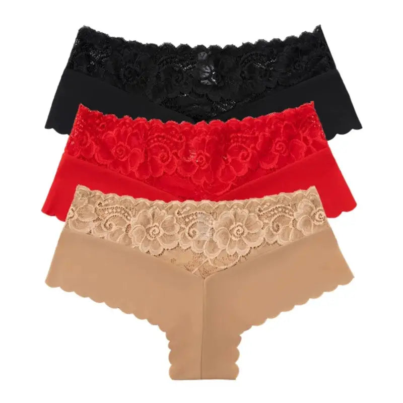 Women's lace panties set, 4 colors (black, red, beige, tan) with scalloped edges.