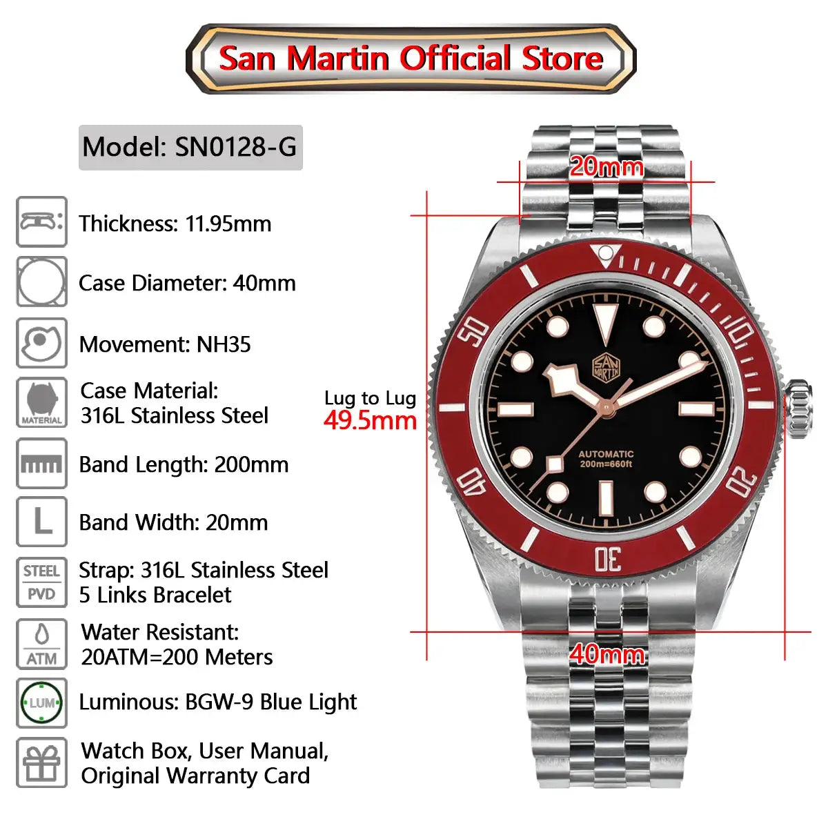 San Martin 40mm diver watch SN0128-G, NH35 automatic, stainless steel case and bracelet, red bezel, black dial