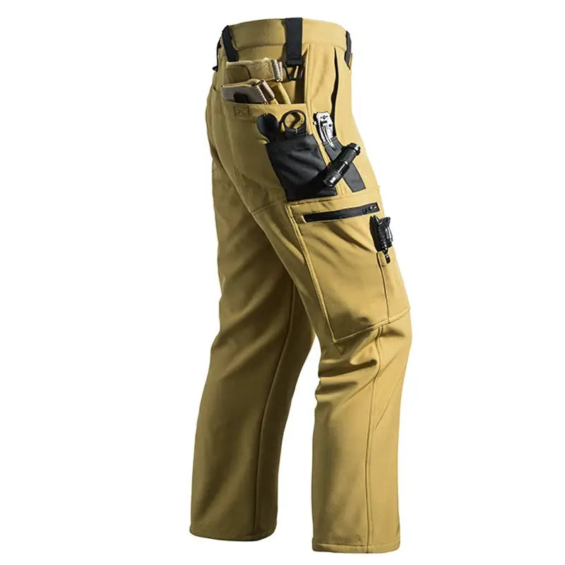 Men's cargo fleece-softshell hiking pants in tan by Simples Market with tool pockets
