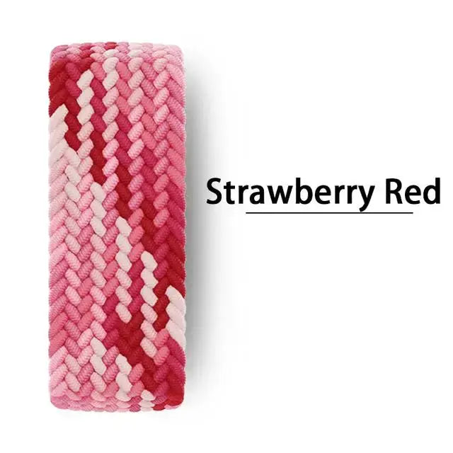 Braided Apple Watch band in strawberry red; pink woven fabric strap.