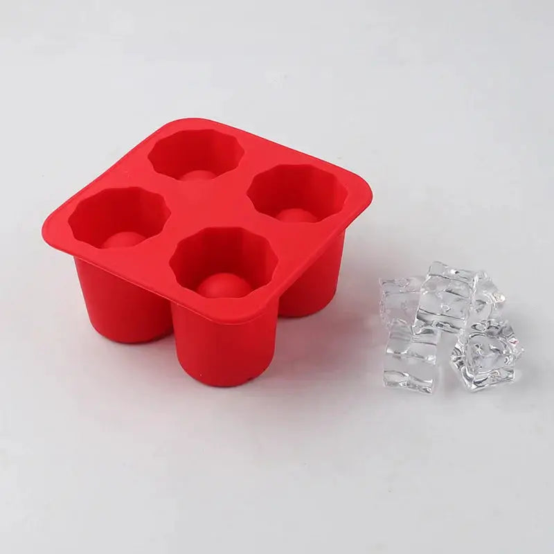Simples Market silicone four-hole ice cube mold, red cup-shaped cavities.