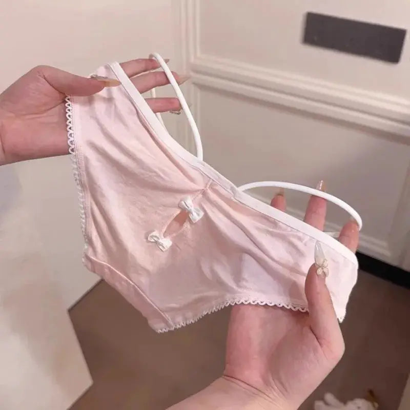 SP&CITY Lolita pink cotton panties with lace trim and bows, low-rise briefs by Simples Market