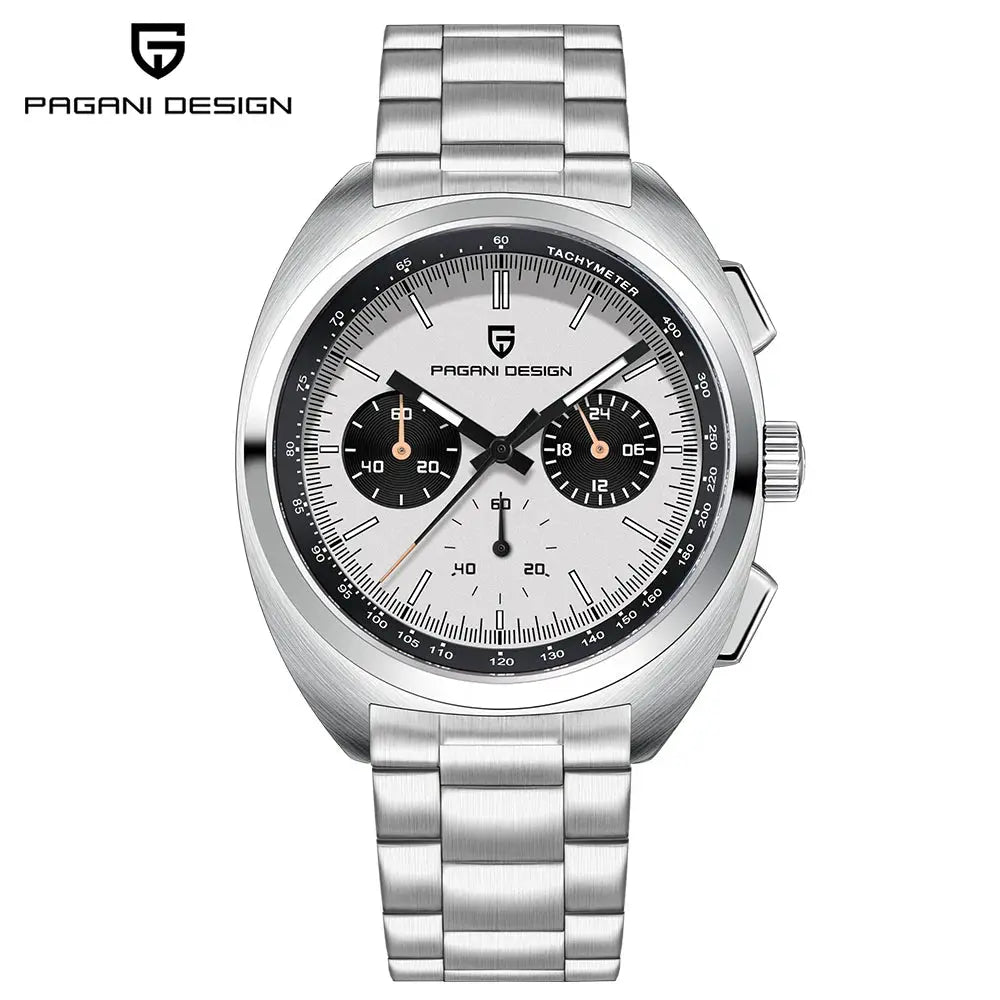 Pagani Design men's chronograph watch with stainless steel bracelet and tachymeter bezel.